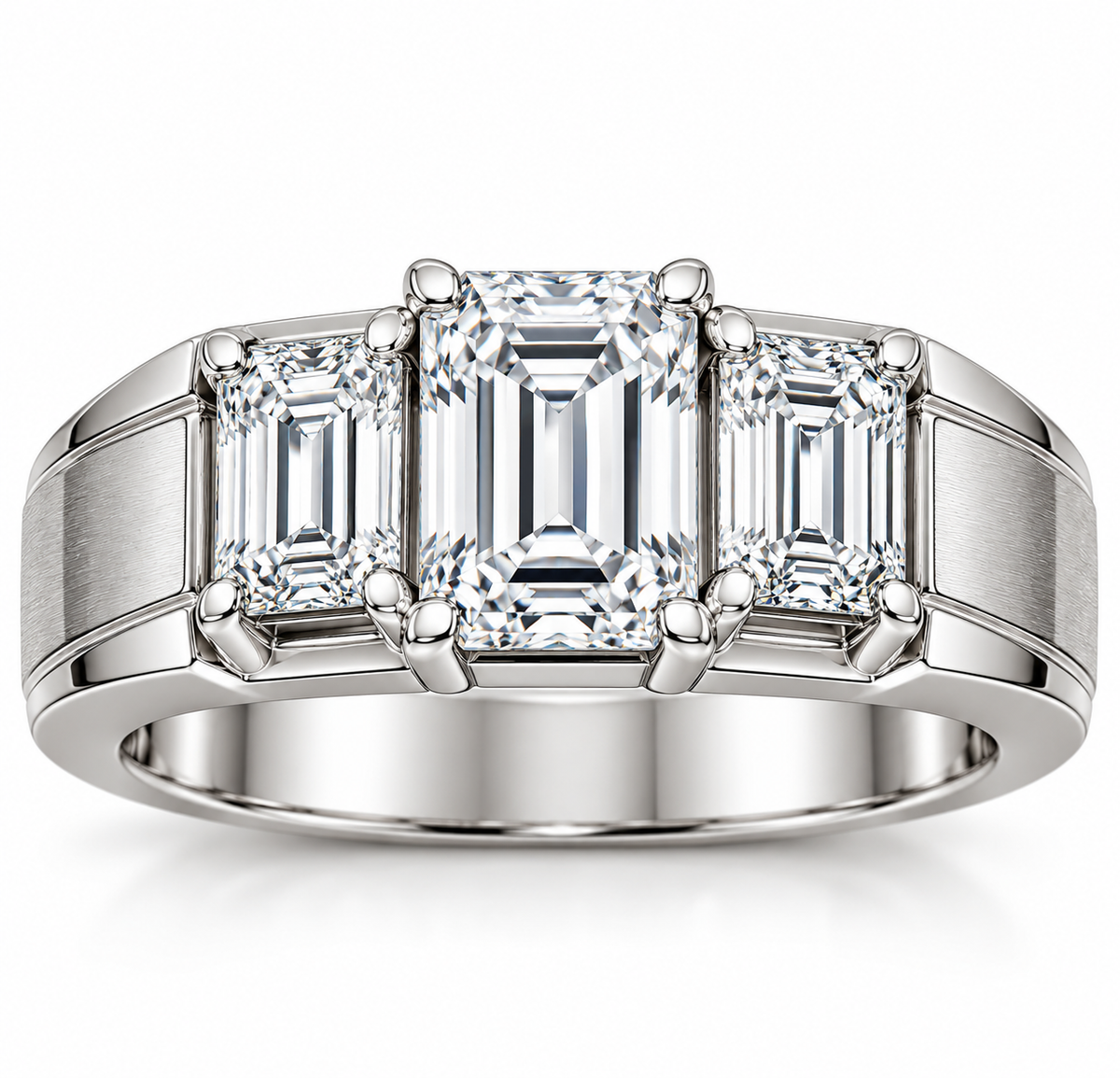 BENRAP men's three-stone emerald-cut moissanite ring in 925 sterling silver