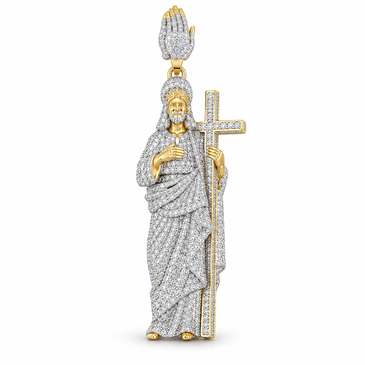 Standing Jesus with Cross pendant, moissanite, 925 sterling silver