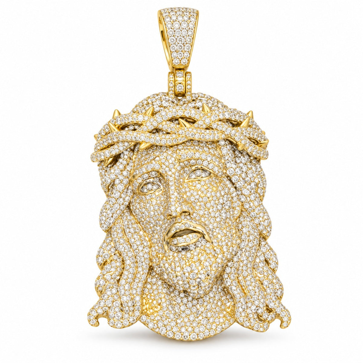 Jesus Head with Crown of Thorns pendant, moissanite, 925 sterling silver