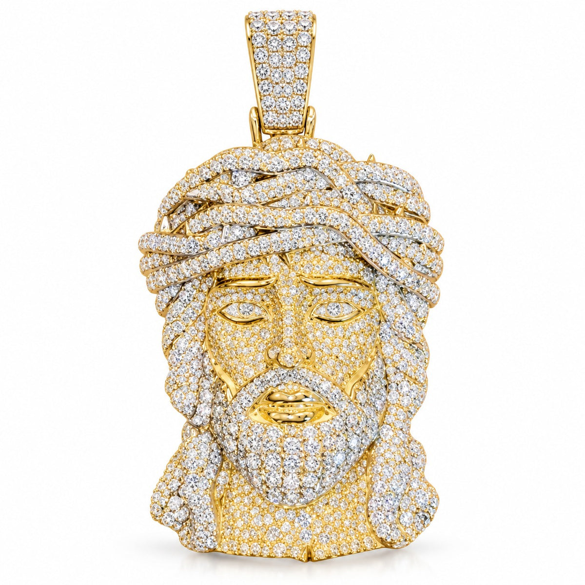Jesus Piece with Crown of Thorns pendant, moissanite, 925 sterling silver