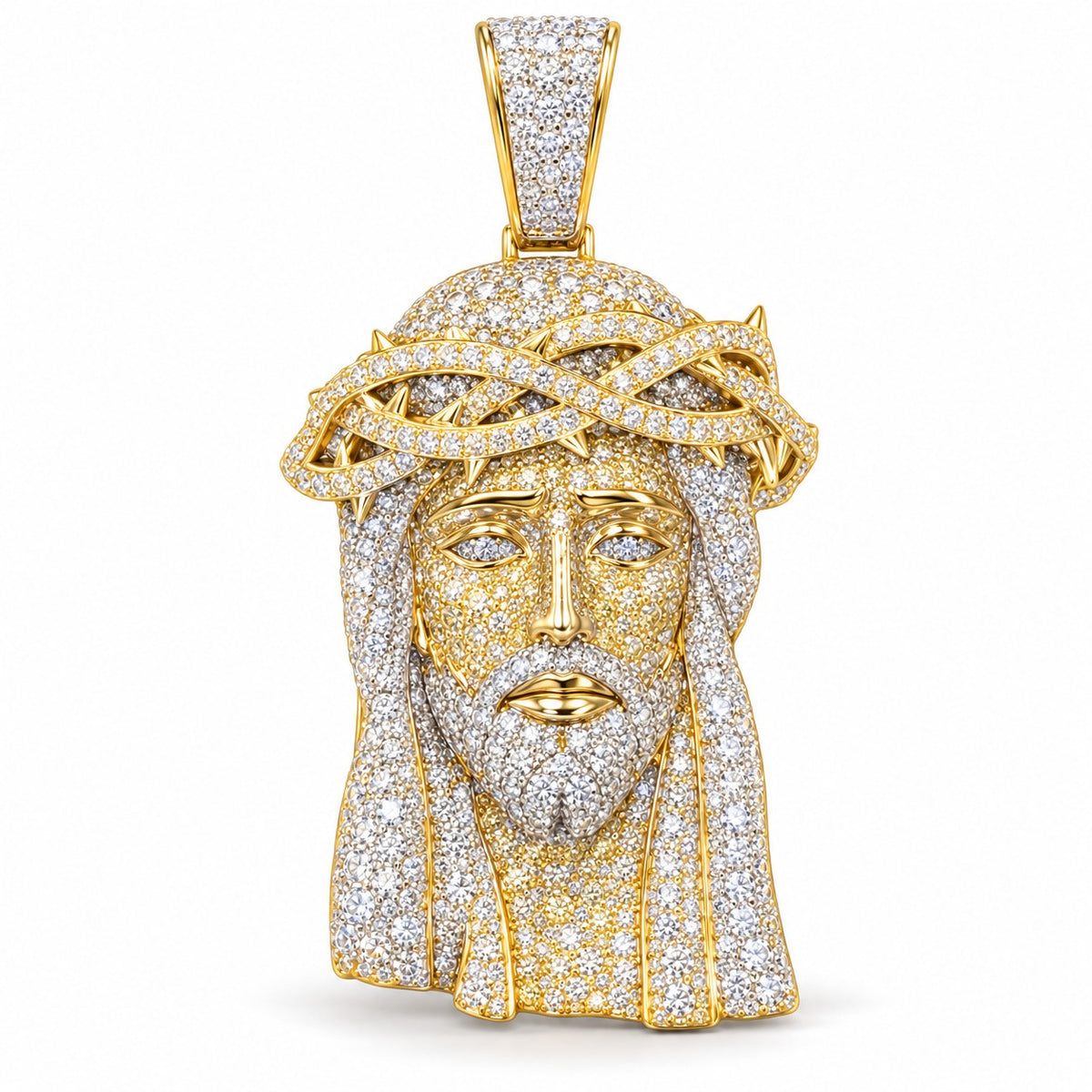 Jesus Piece with Thorn Crown and Wavy Hair pendant, moissanite, 925 sterling silver