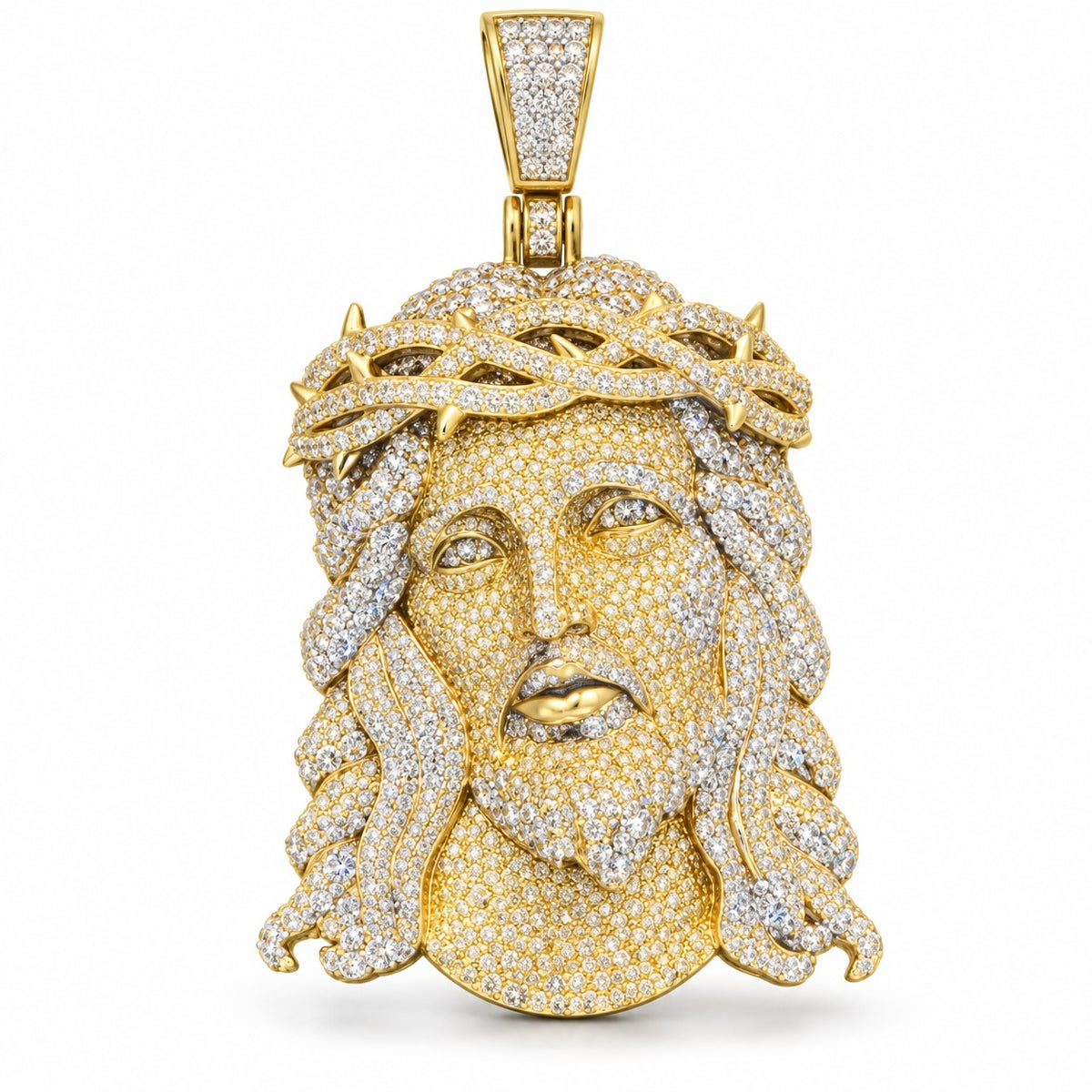 Jesus Piece with Crown of Thorns, Detailed Beard pendant, moissanite, 925 sterling silver