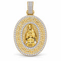 Virgin Mary Oval Medallion with Greek Key Border pendant, moissanite, 925 sterling silver