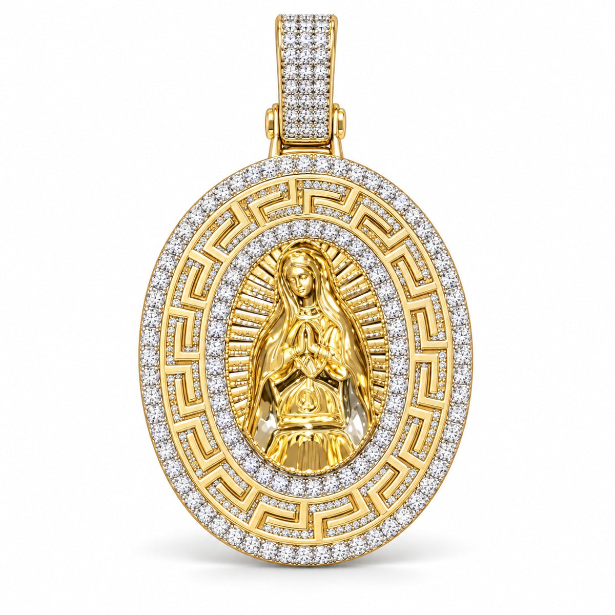 Virgin Mary Oval Medallion with Greek Key Border pendant, moissanite, 925 sterling silver