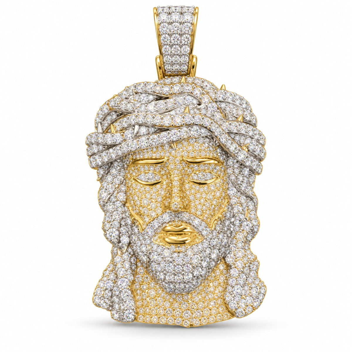Jesus Piece with Closed Eyes pendant, moissanite, 925 sterling silver