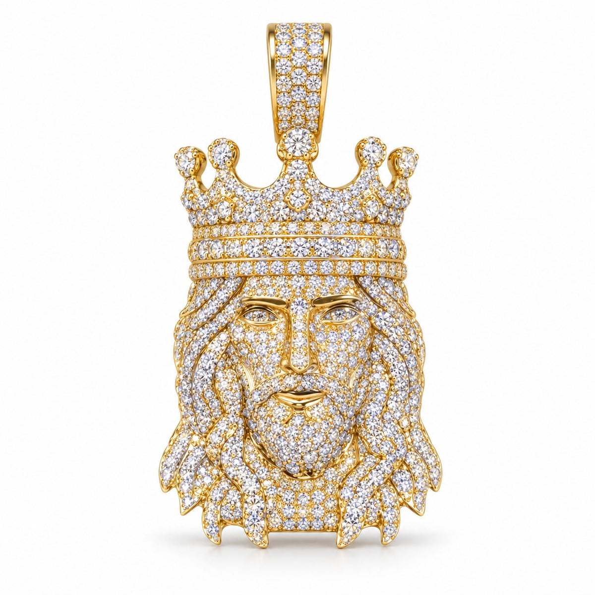 King Jesus Crown Piece with Long Hair pendant, moissanite, 925 sterling silver