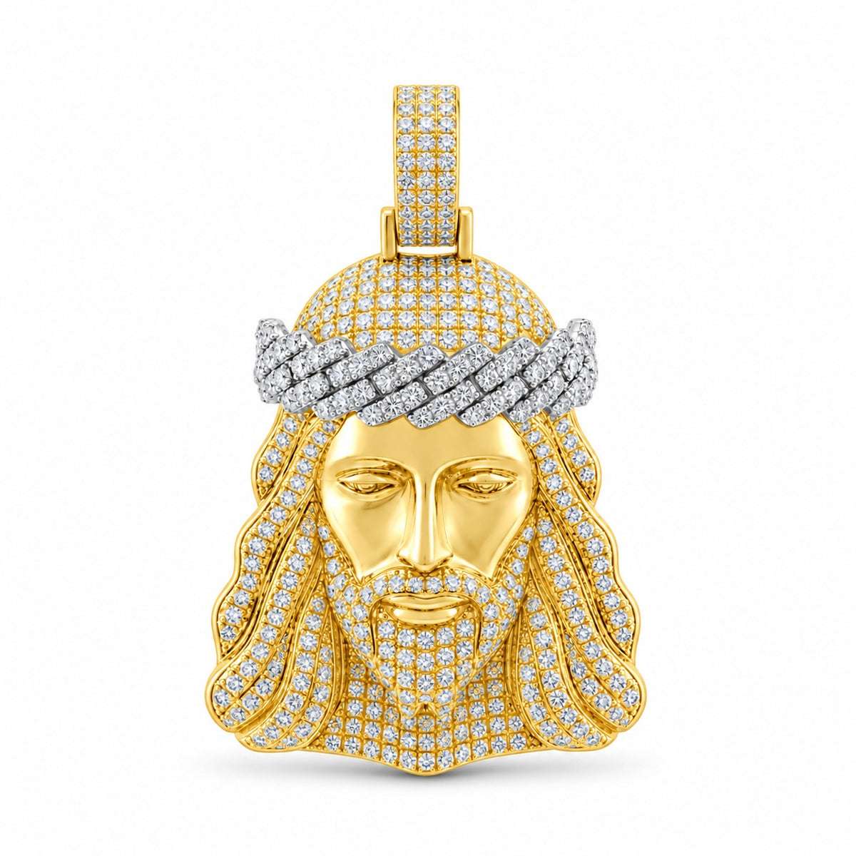 Jesus Piece with Cuban Link Crown, Gold Face pendant, moissanite, 925 sterling silver