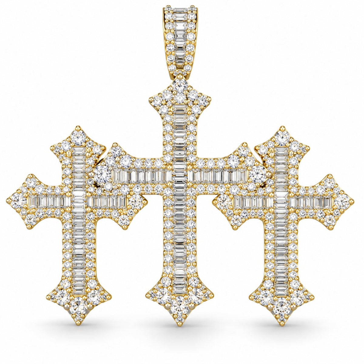 Triple Baguette Cross pendant, moissanite, 925 sterling silver