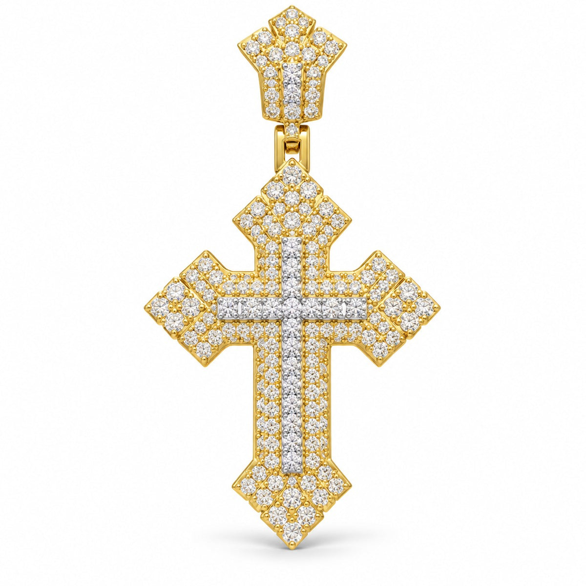 Gothic Cross with Baguette Center pendant, moissanite, 925 sterling silver