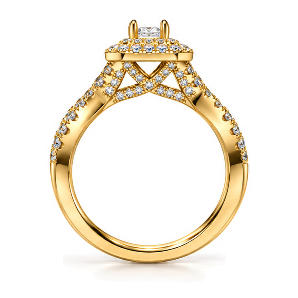 Cushion Moissanite Double Halo Twisted Shank Engagement Ring — 925 Sterling Silver, 18K Gold Plated