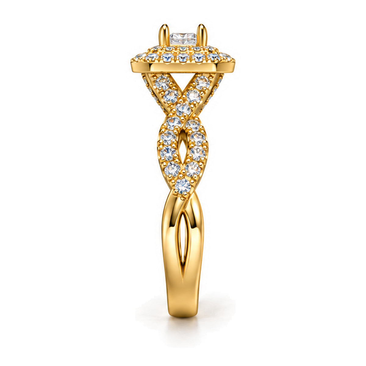 Cushion Moissanite Double Halo Twisted Shank Engagement Ring — 925 Sterling Silver, 18K Gold Plated