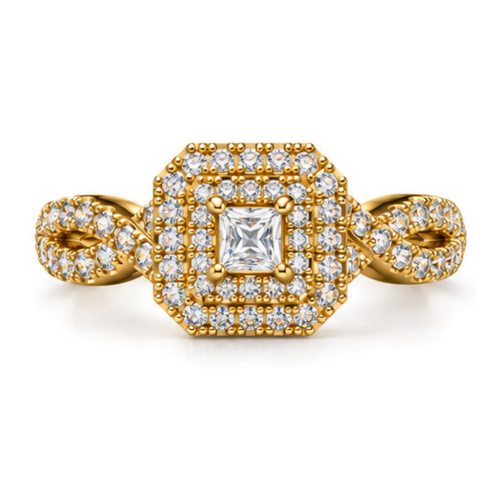 Cushion Moissanite Double Halo Twisted Shank Engagement Ring — 925 Sterling Silver, 18K Gold Plated