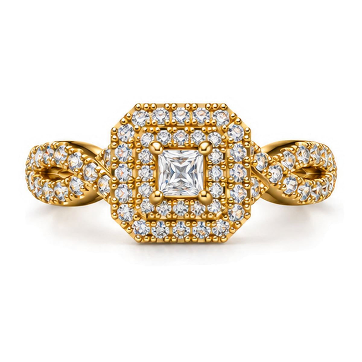 Cushion Moissanite Double Halo Twisted Shank Engagement Ring — 925 Sterling Silver, 18K Gold Plated