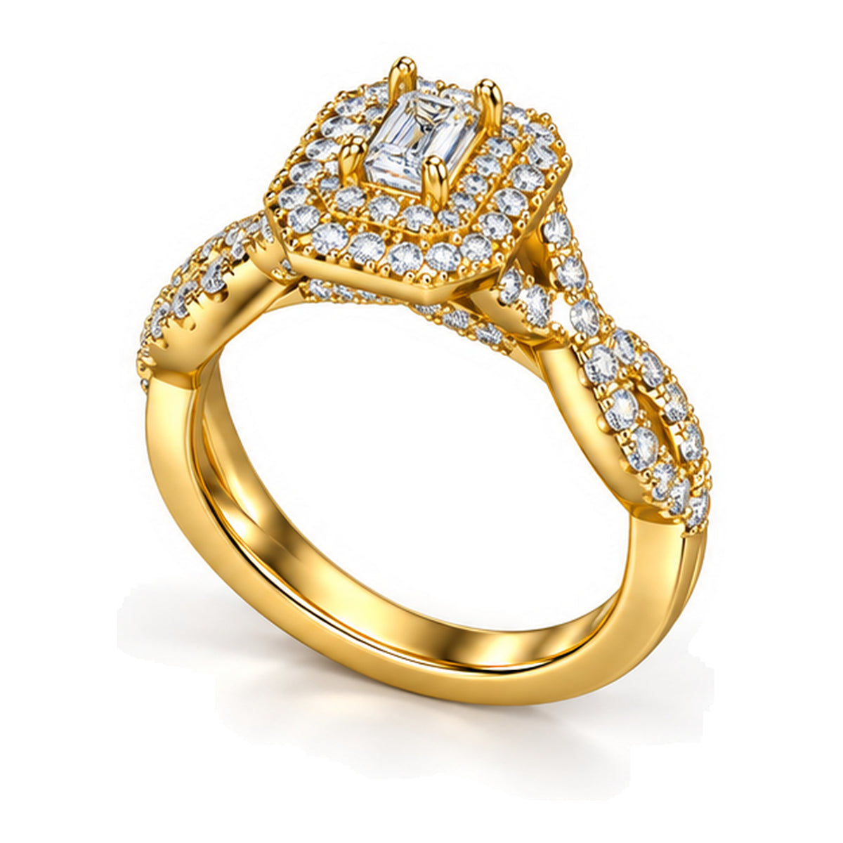 Emerald Cut Moissanite Double Halo Twisted Shank Engagement Ring — 925 Sterling Silver, 18K Gold Plated