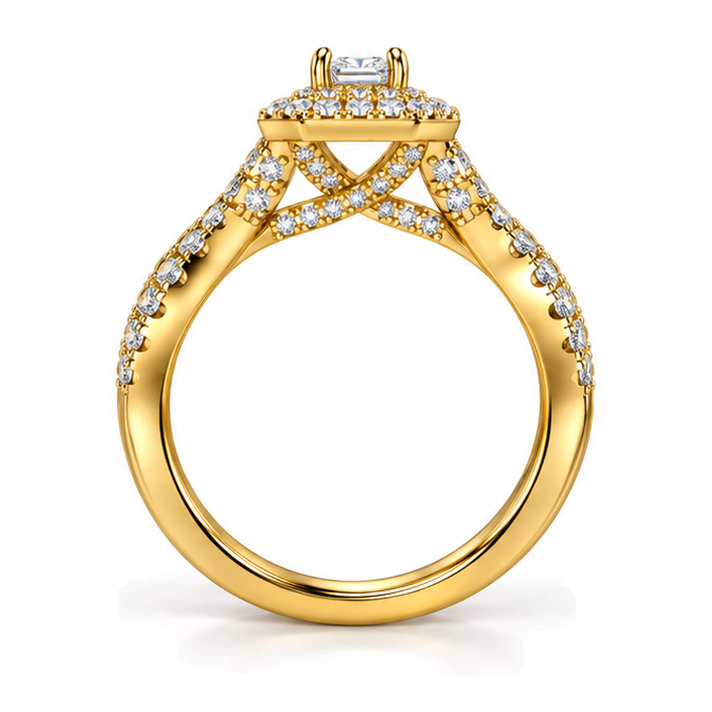 Emerald Cut Moissanite Double Halo Twisted Shank Engagement Ring — 925 Sterling Silver, 18K Gold Plated