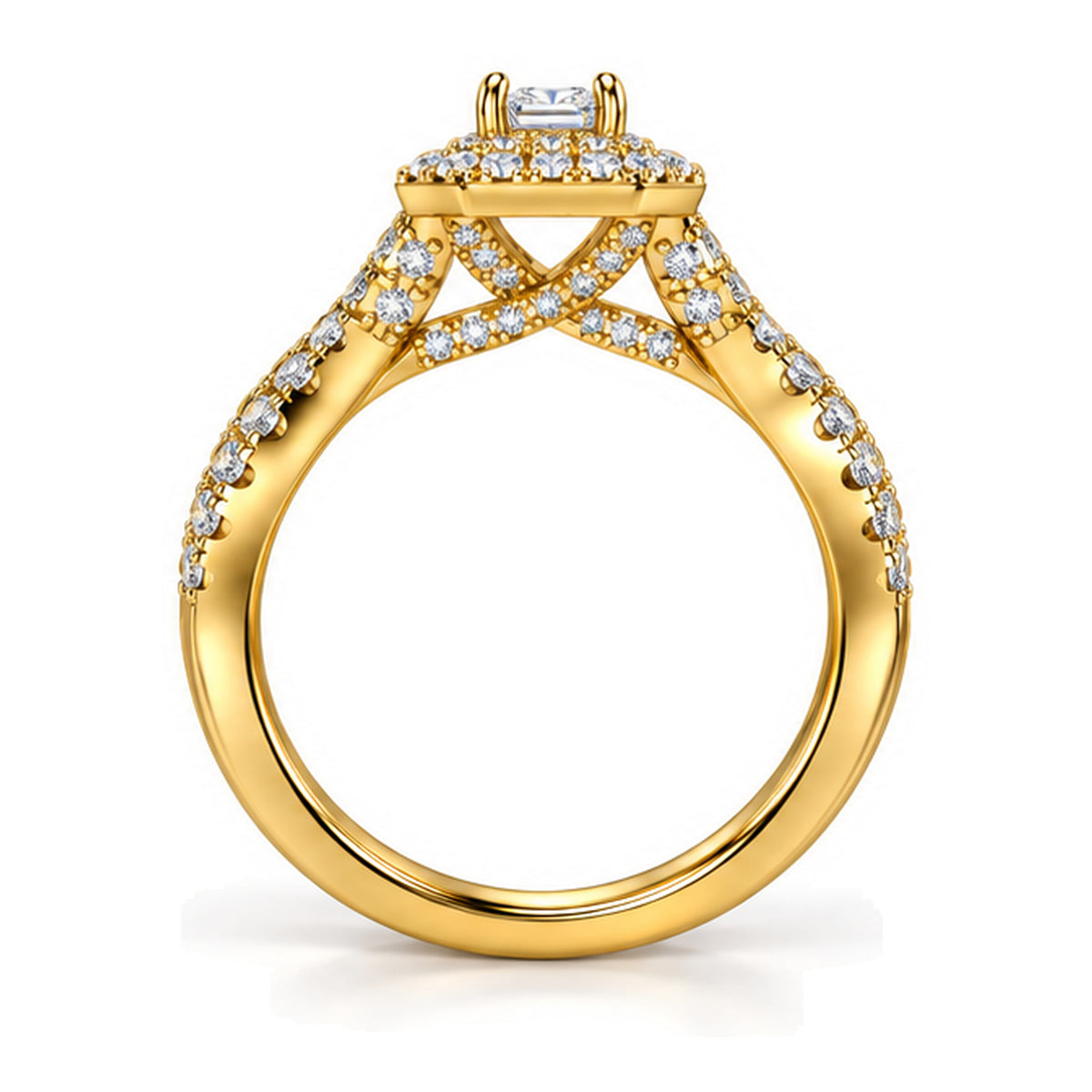Emerald Cut Moissanite Double Halo Twisted Shank Engagement Ring — 925 Sterling Silver, 18K Gold Plated
