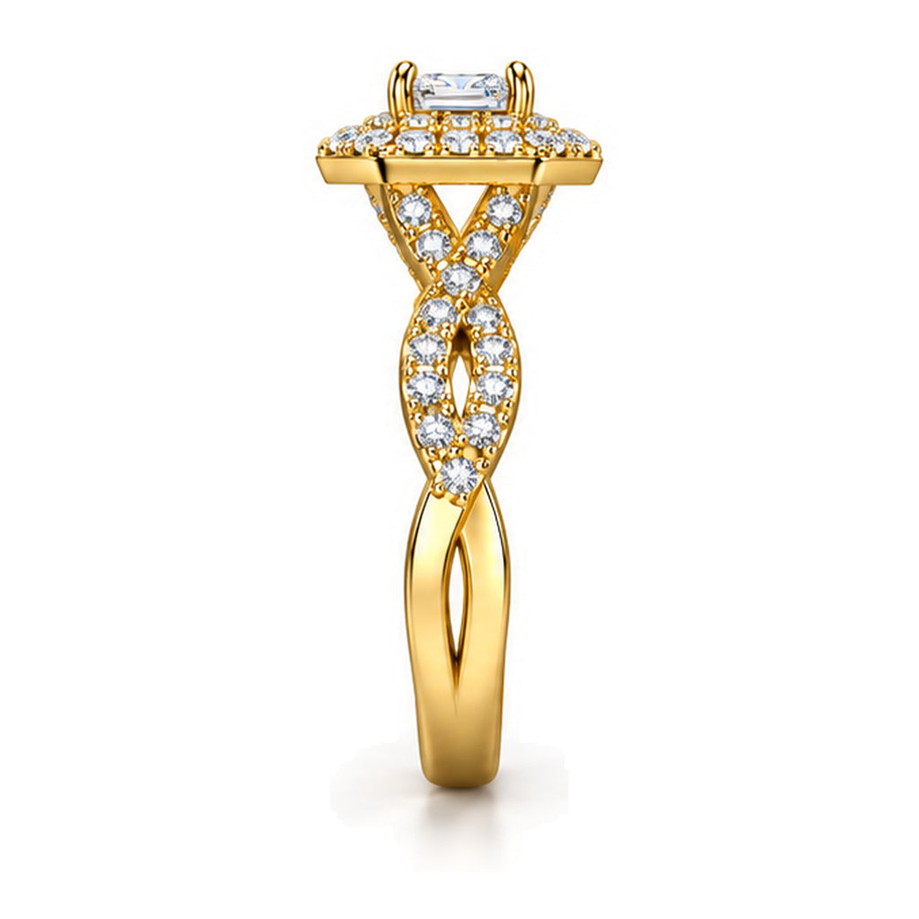 Emerald Cut Moissanite Double Halo Twisted Shank Engagement Ring — 925 Sterling Silver, 18K Gold Plated