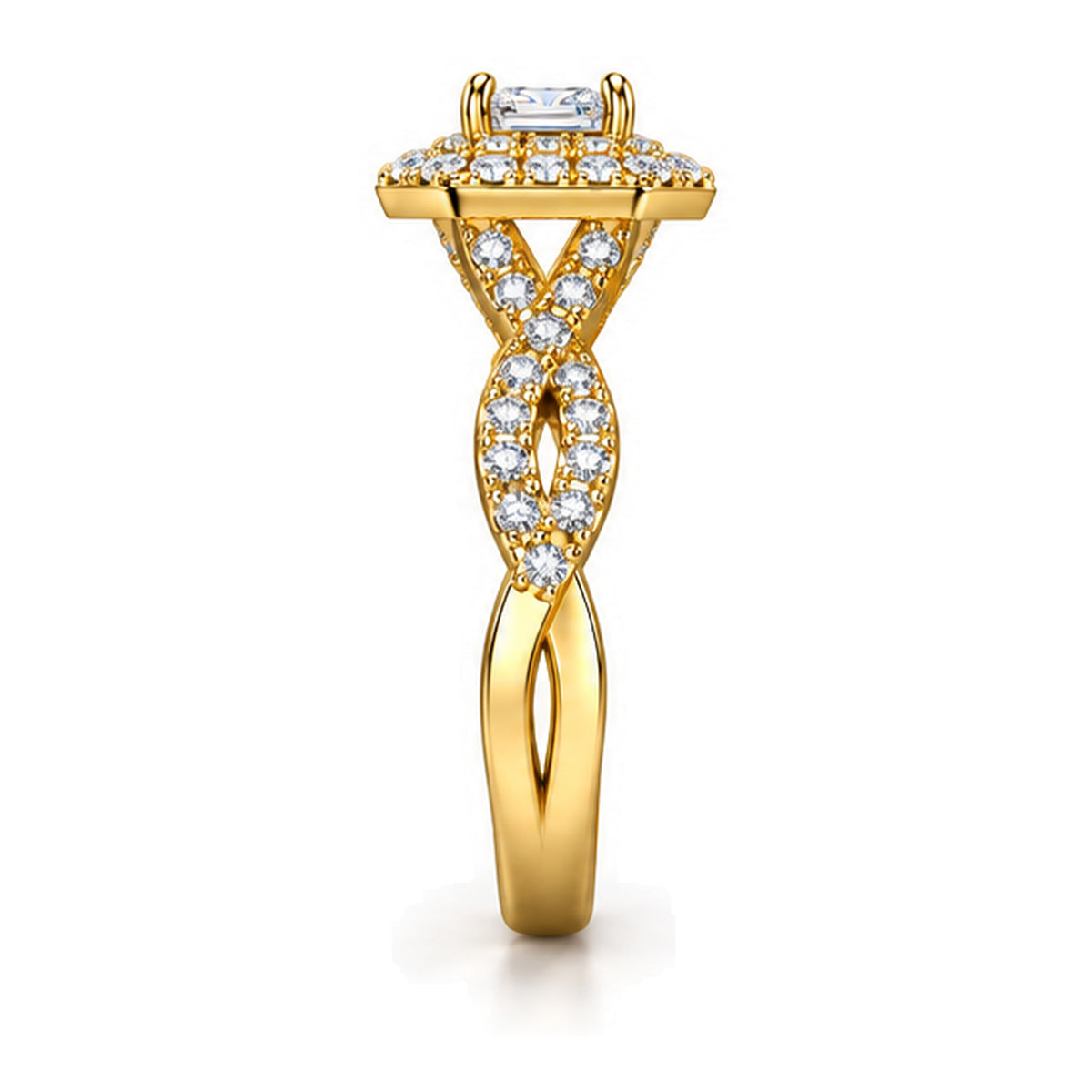 Emerald Cut Moissanite Double Halo Twisted Shank Engagement Ring — 925 Sterling Silver, 18K Gold Plated