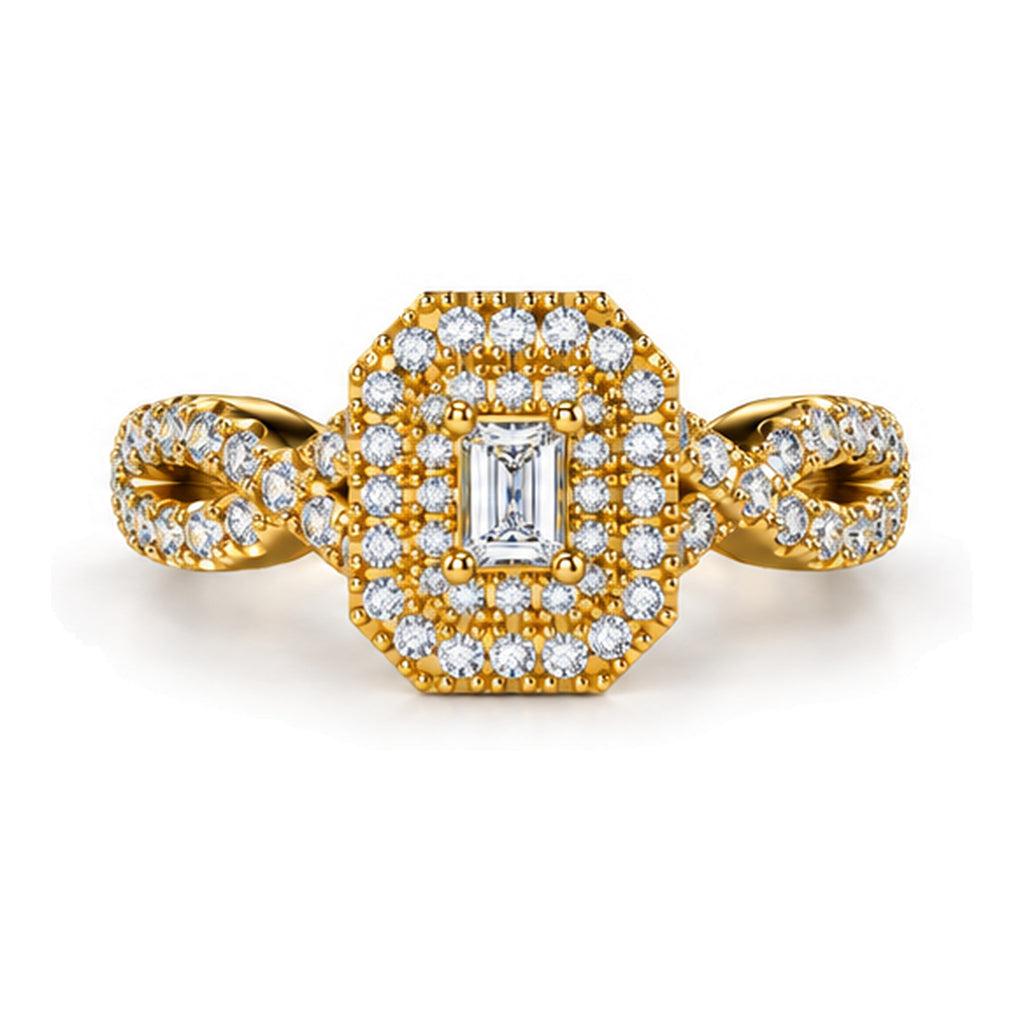 Emerald Cut Moissanite Double Halo Twisted Shank Engagement Ring — 925 Sterling Silver, 18K Gold Plated