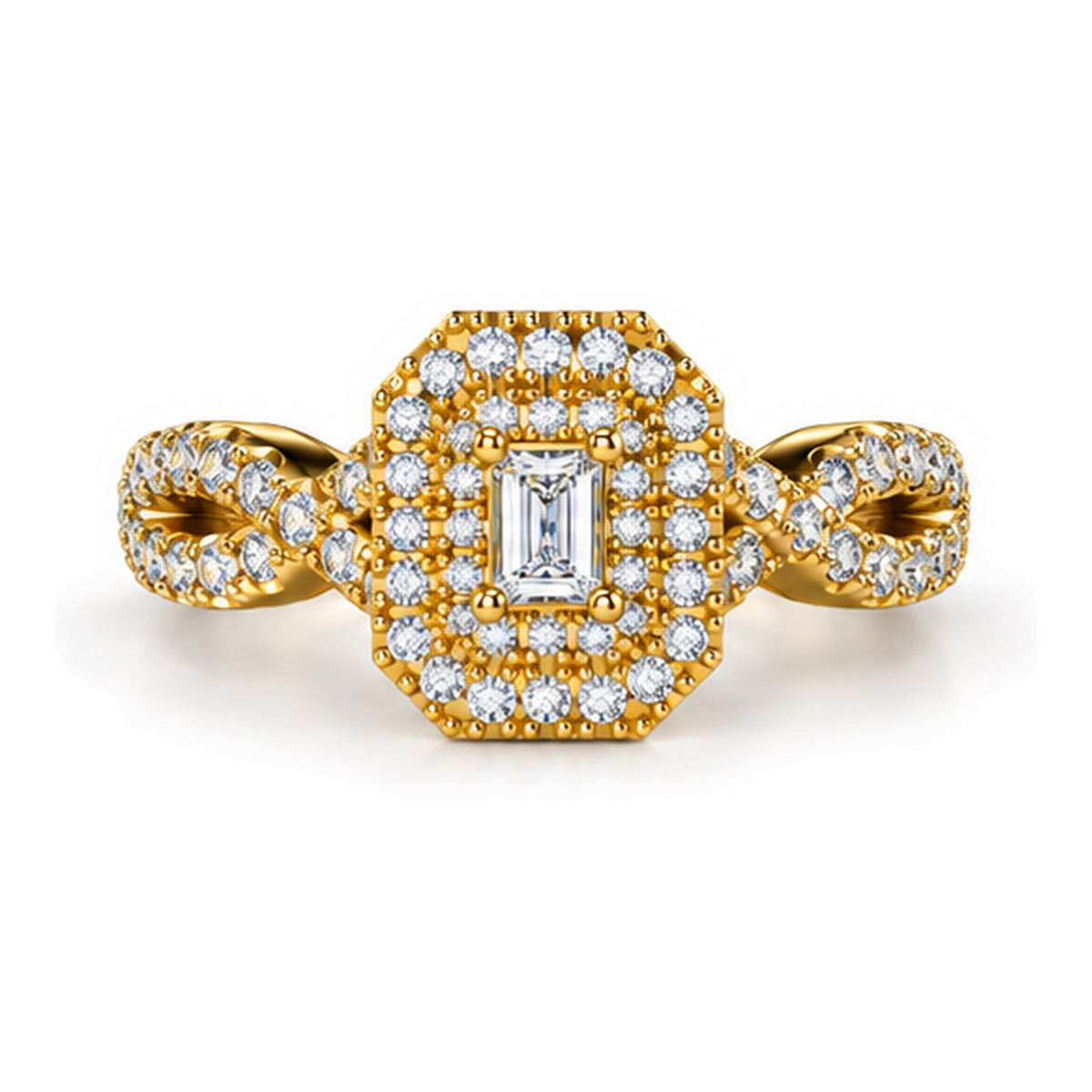 Emerald Cut Moissanite Double Halo Twisted Shank Engagement Ring — 925 Sterling Silver, 18K Gold Plated
