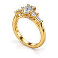 Oval Moissanite Three-Stone Engagement Ring with Baguette Accents — 925 Sterling Silver, 18K Gold Plated