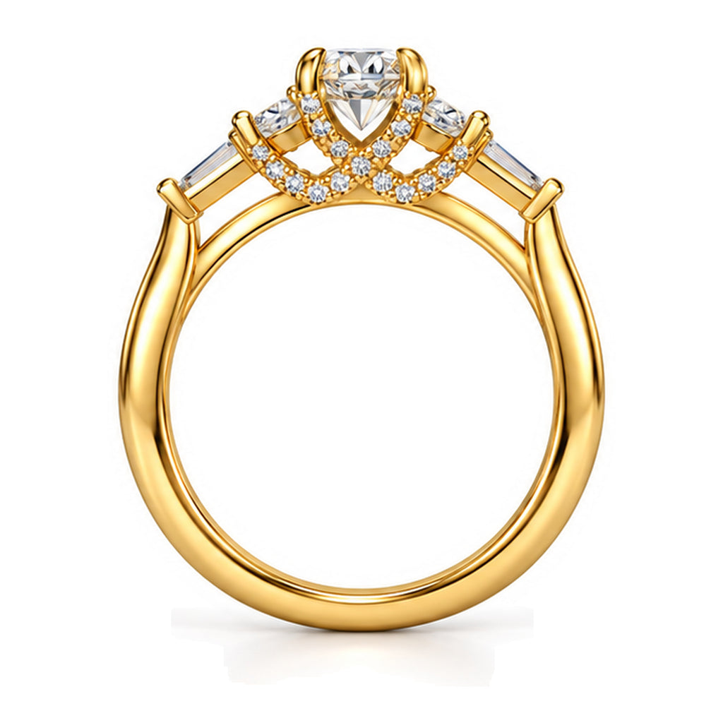 Oval Moissanite Three-Stone Engagement Ring with Baguette Accents — 925 Sterling Silver, 18K Gold Plated