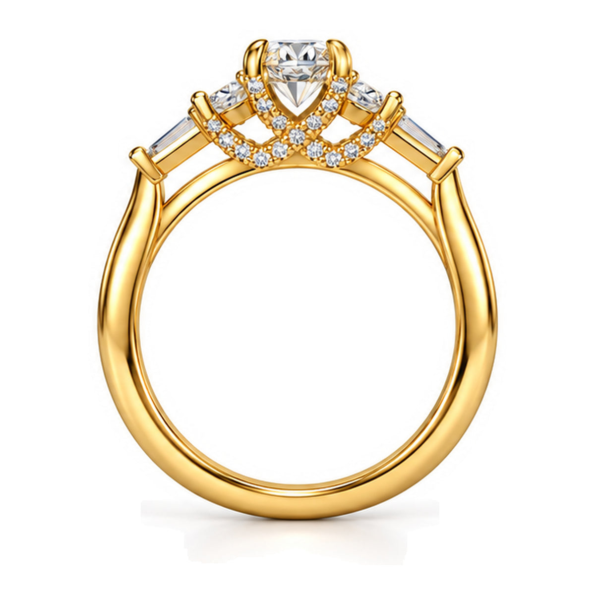 Oval Moissanite Three-Stone Engagement Ring with Baguette Accents — 925 Sterling Silver, 18K Gold Plated