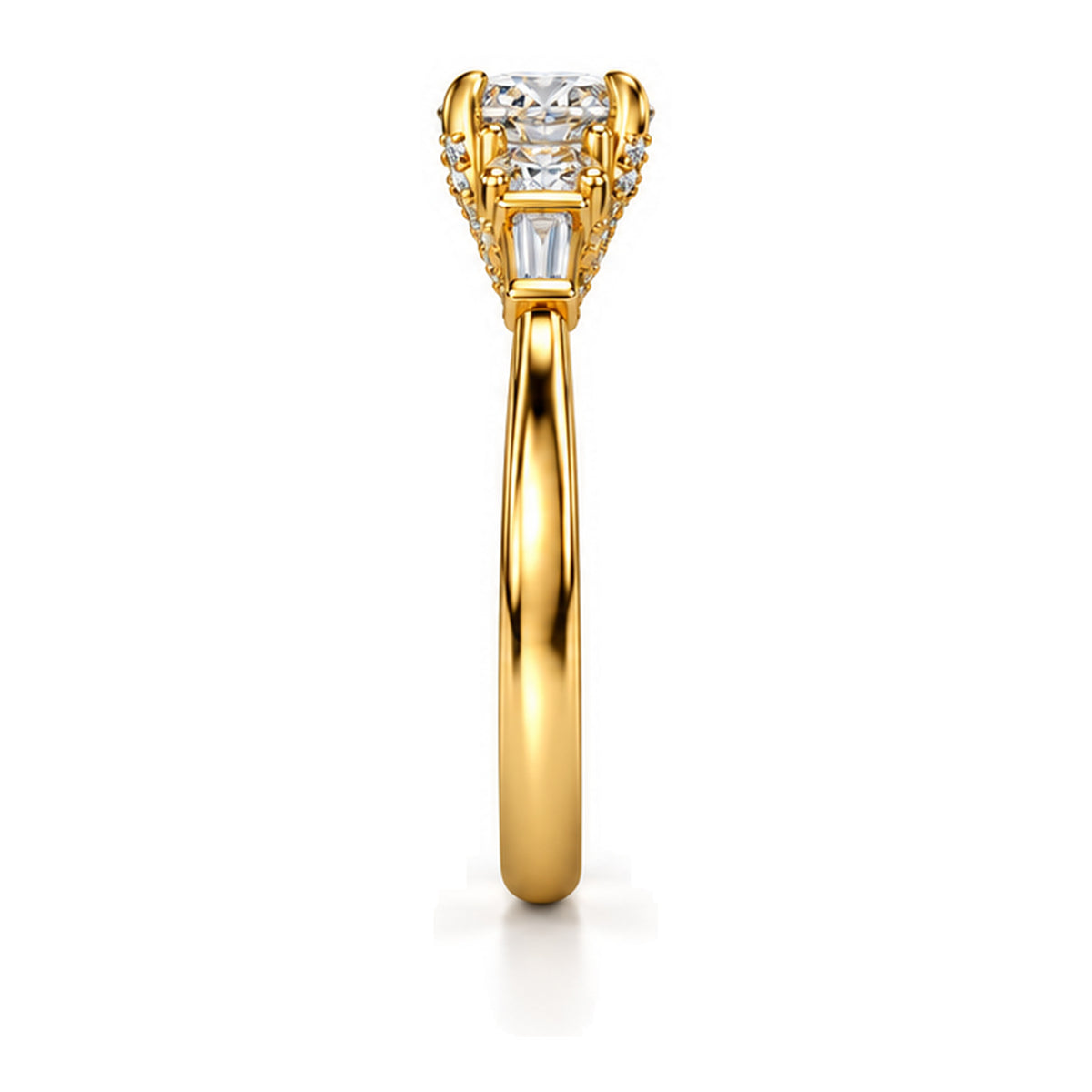 Oval Moissanite Three-Stone Engagement Ring with Baguette Accents — 925 Sterling Silver, 18K Gold Plated