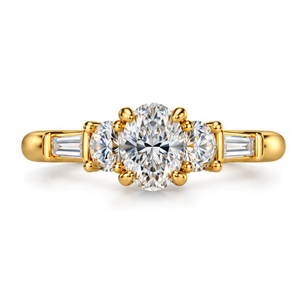 Oval Moissanite Three-Stone Engagement Ring with Baguette Accents — 925 Sterling Silver, 18K Gold Plated
