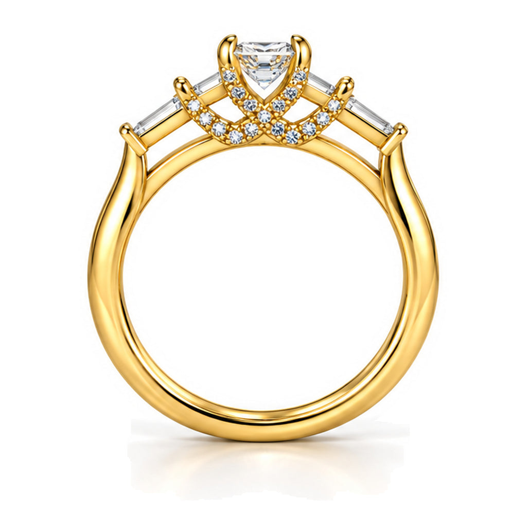 Emerald Cut Moissanite Five-Stone Engagement Ring with Baguette Accents — 925 Sterling Silver, 18K Gold Plated