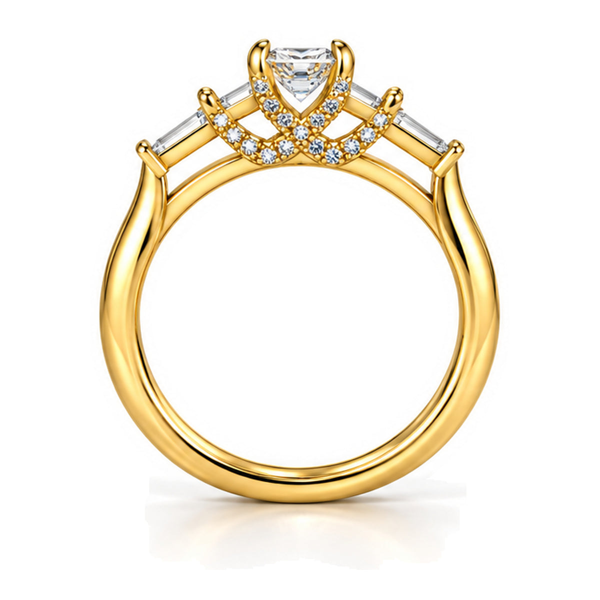Emerald Cut Moissanite Five-Stone Engagement Ring with Baguette Accents — 925 Sterling Silver, 18K Gold Plated