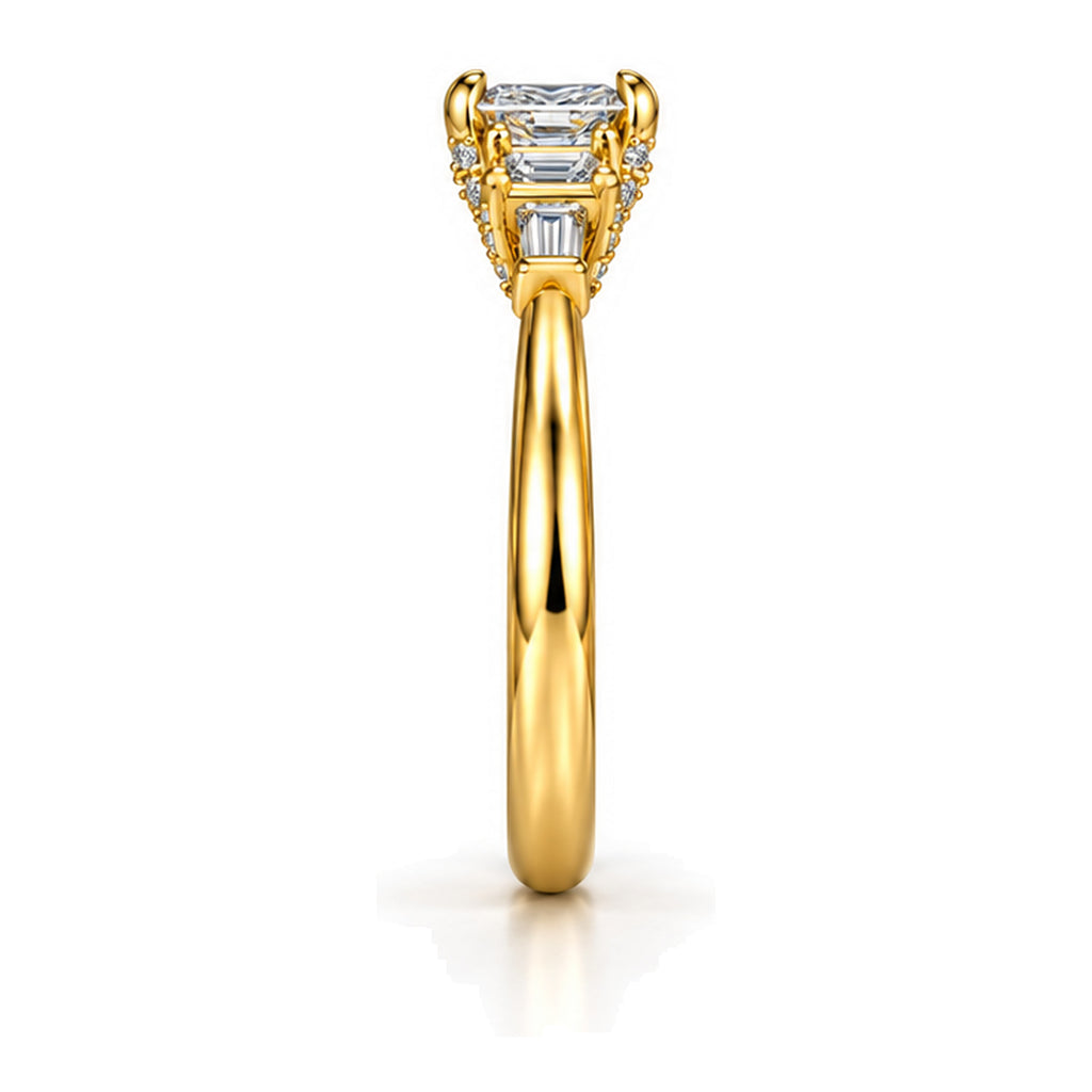 Emerald Cut Moissanite Five-Stone Engagement Ring with Baguette Accents — 925 Sterling Silver, 18K Gold Plated
