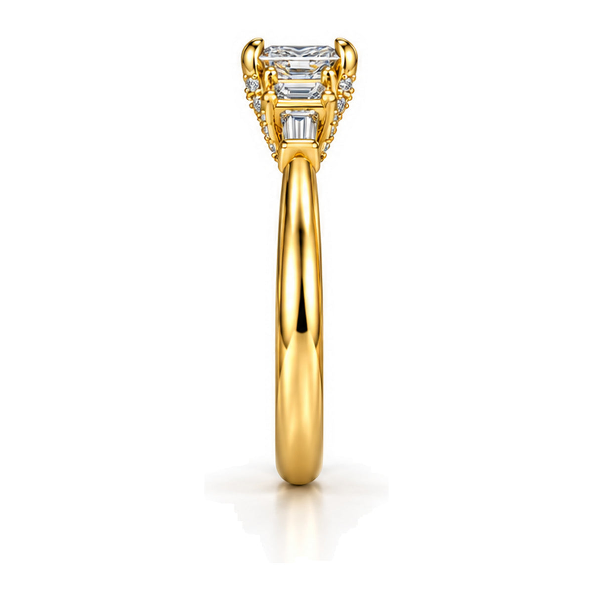 Emerald Cut Moissanite Five-Stone Engagement Ring with Baguette Accents — 925 Sterling Silver, 18K Gold Plated