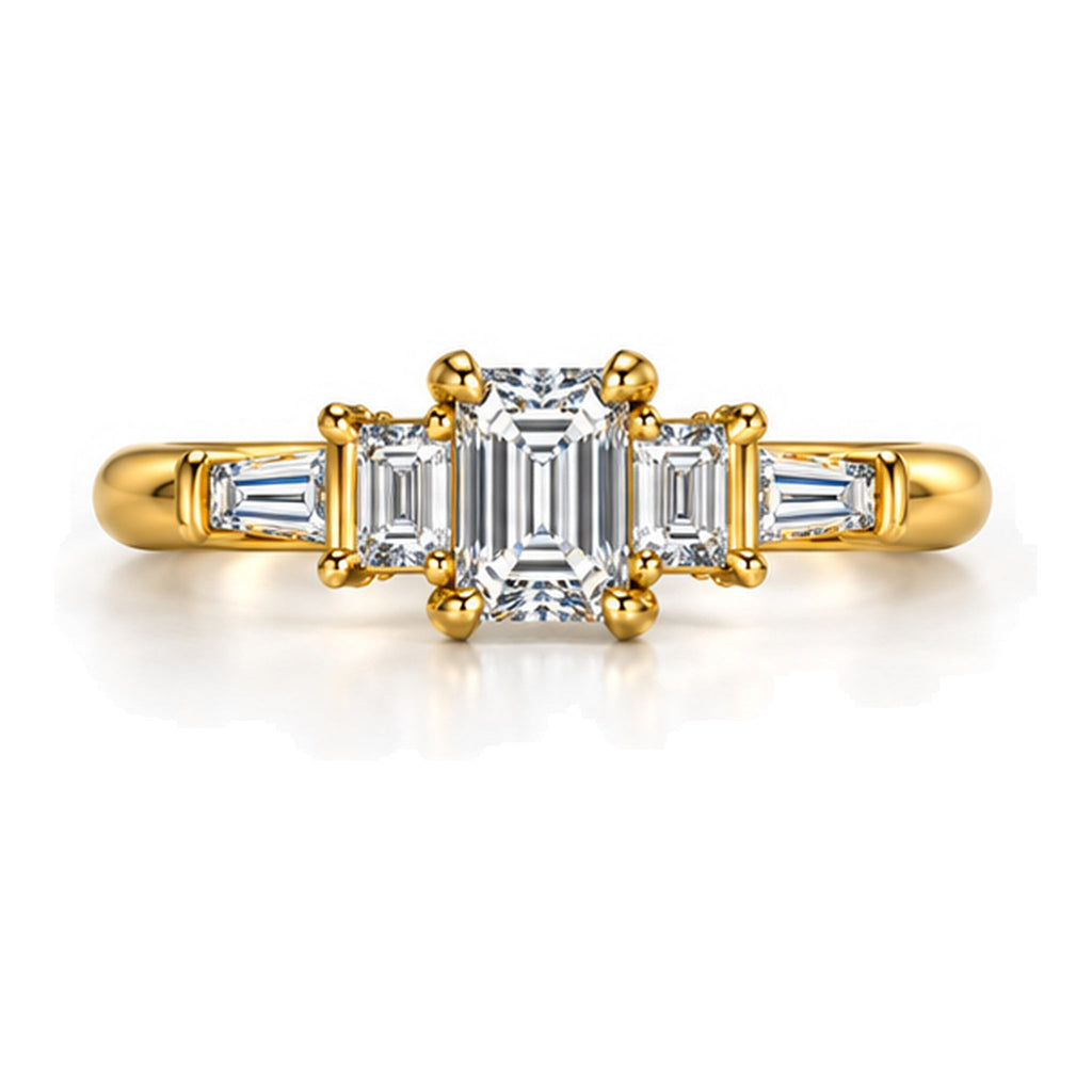 Emerald cut moissanite five-stone engagement ring, top view