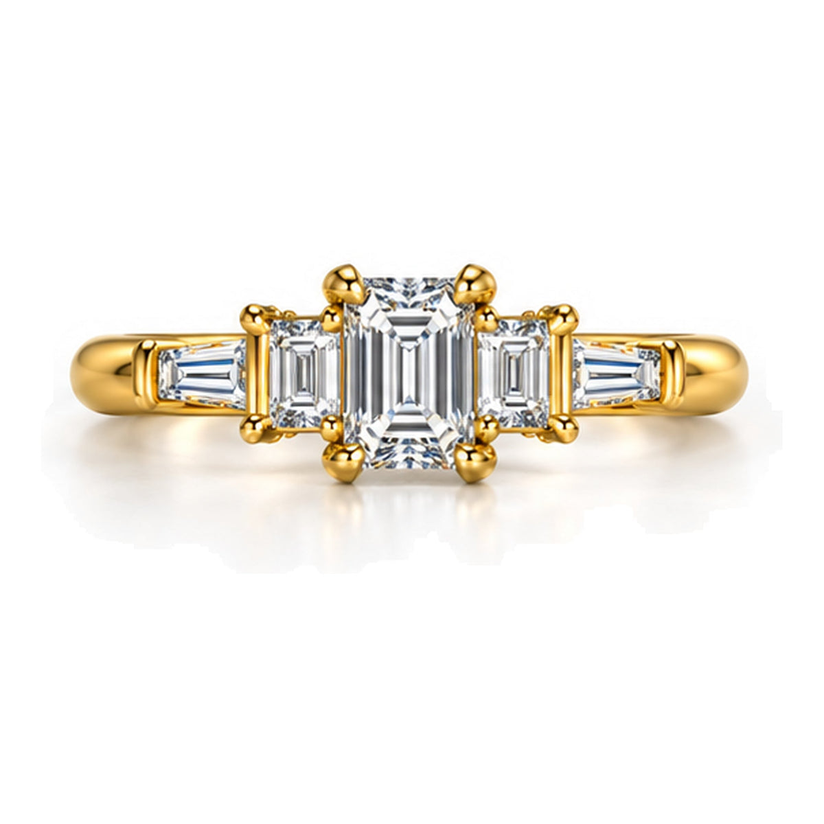 Emerald cut moissanite five-stone engagement ring, top view