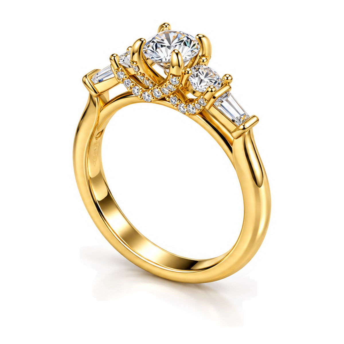 Round moissanite three-stone engagement ring, angled view