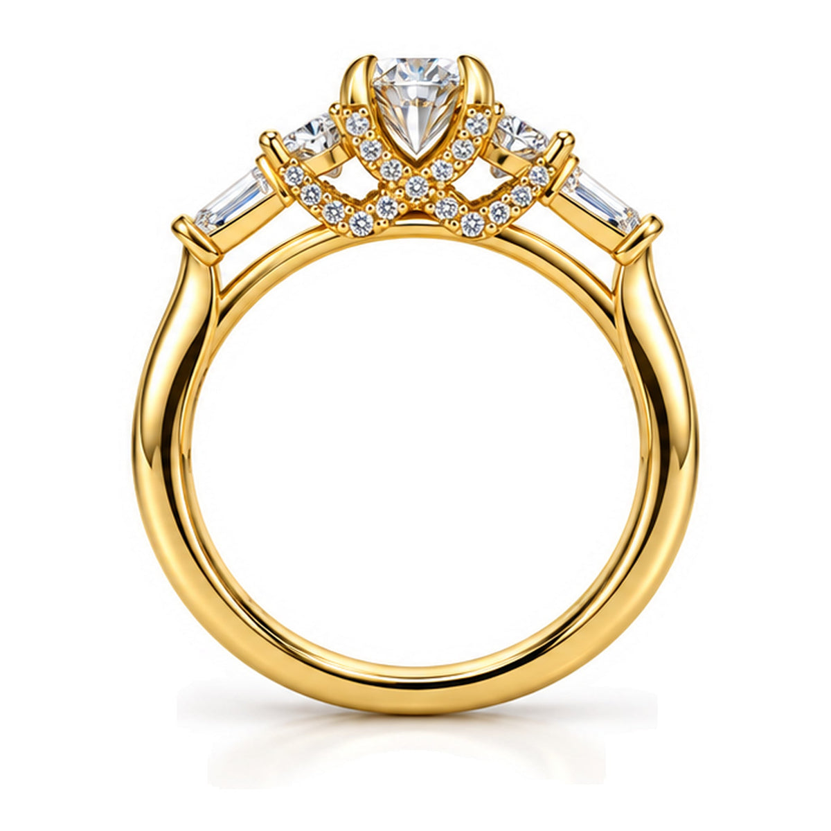 Round moissanite three-stone engagement ring, front view