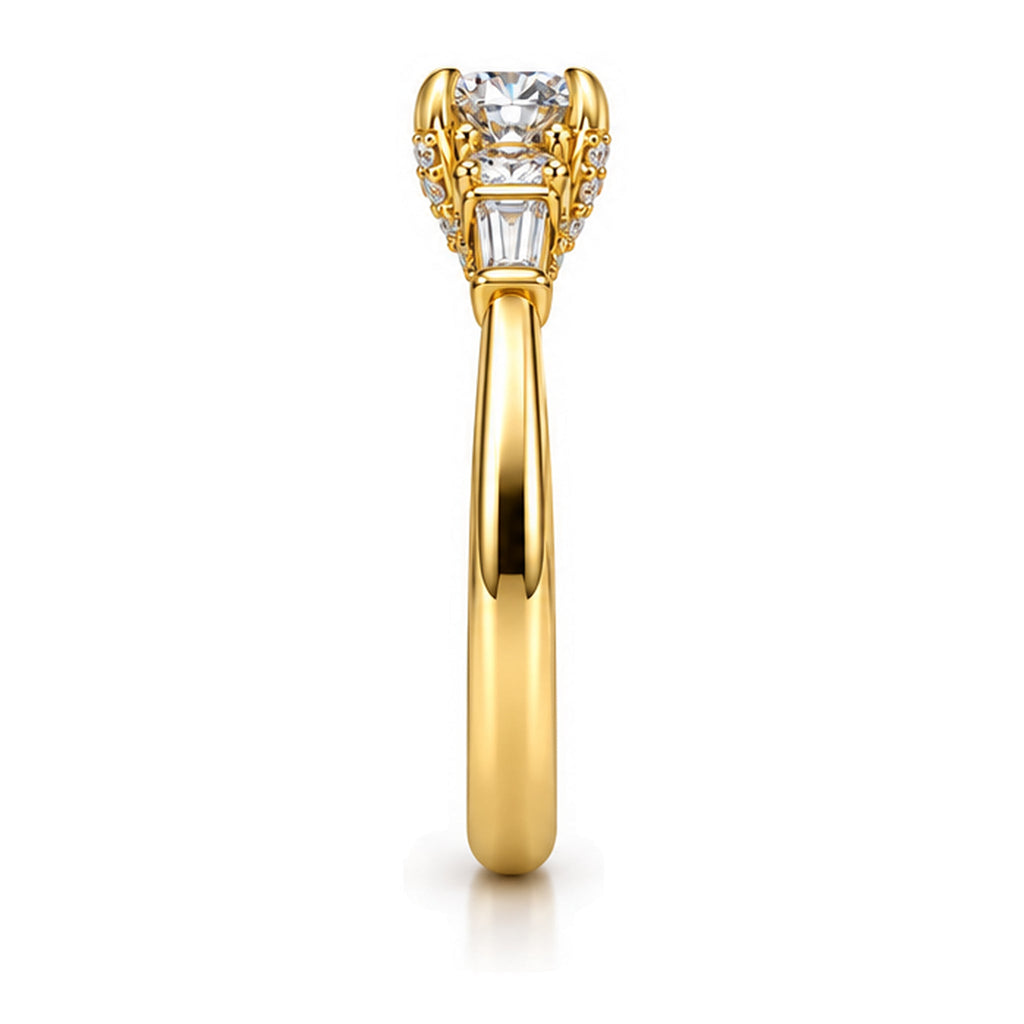 Round moissanite three-stone engagement ring, side view