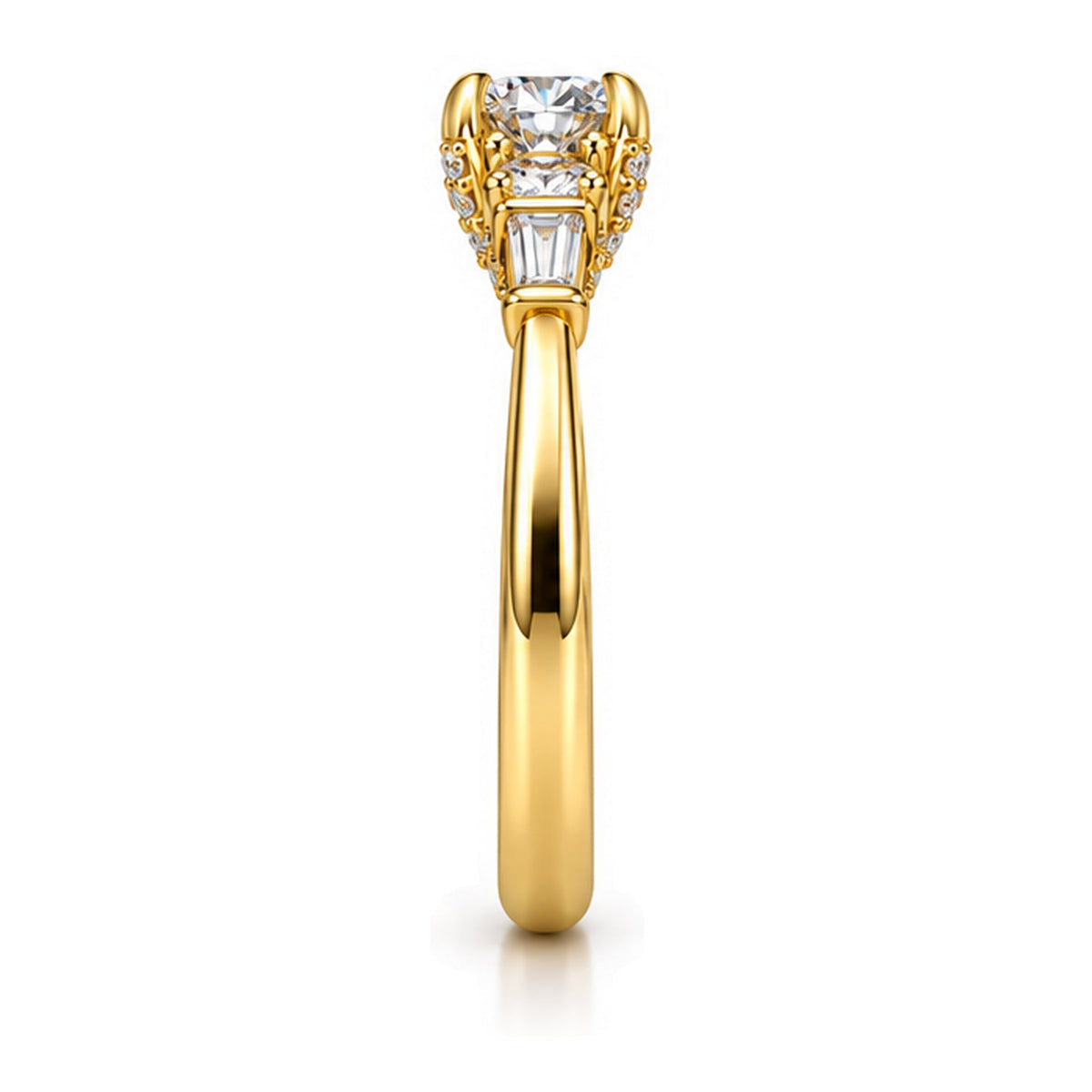 Round moissanite three-stone engagement ring, side view