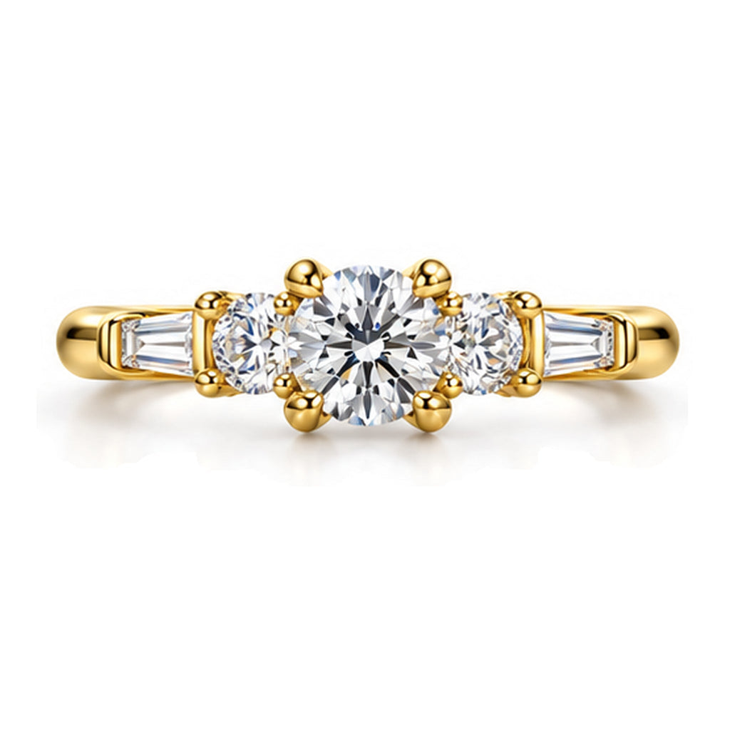 Round moissanite three-stone engagement ring, top view