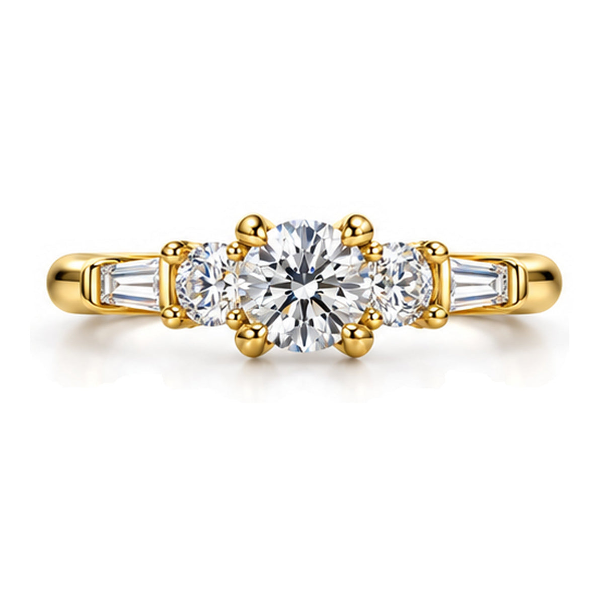 Round moissanite three-stone engagement ring, top view