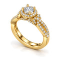 Round moissanite halo twisted shank engagement ring, angled view