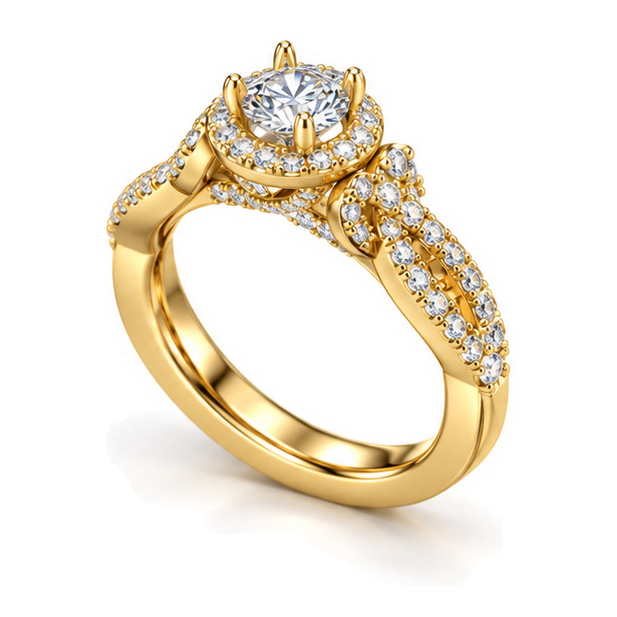 Round moissanite halo twisted shank engagement ring, angled view