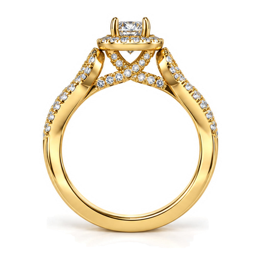 Round moissanite halo twisted shank engagement ring, front view