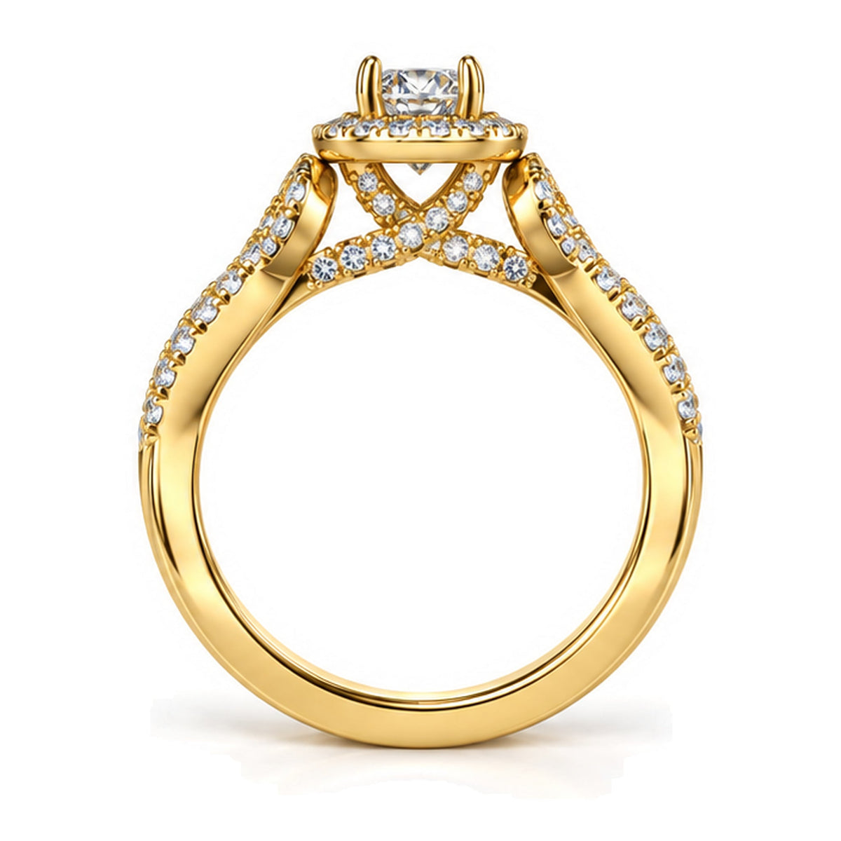 Round moissanite halo twisted shank engagement ring, front view