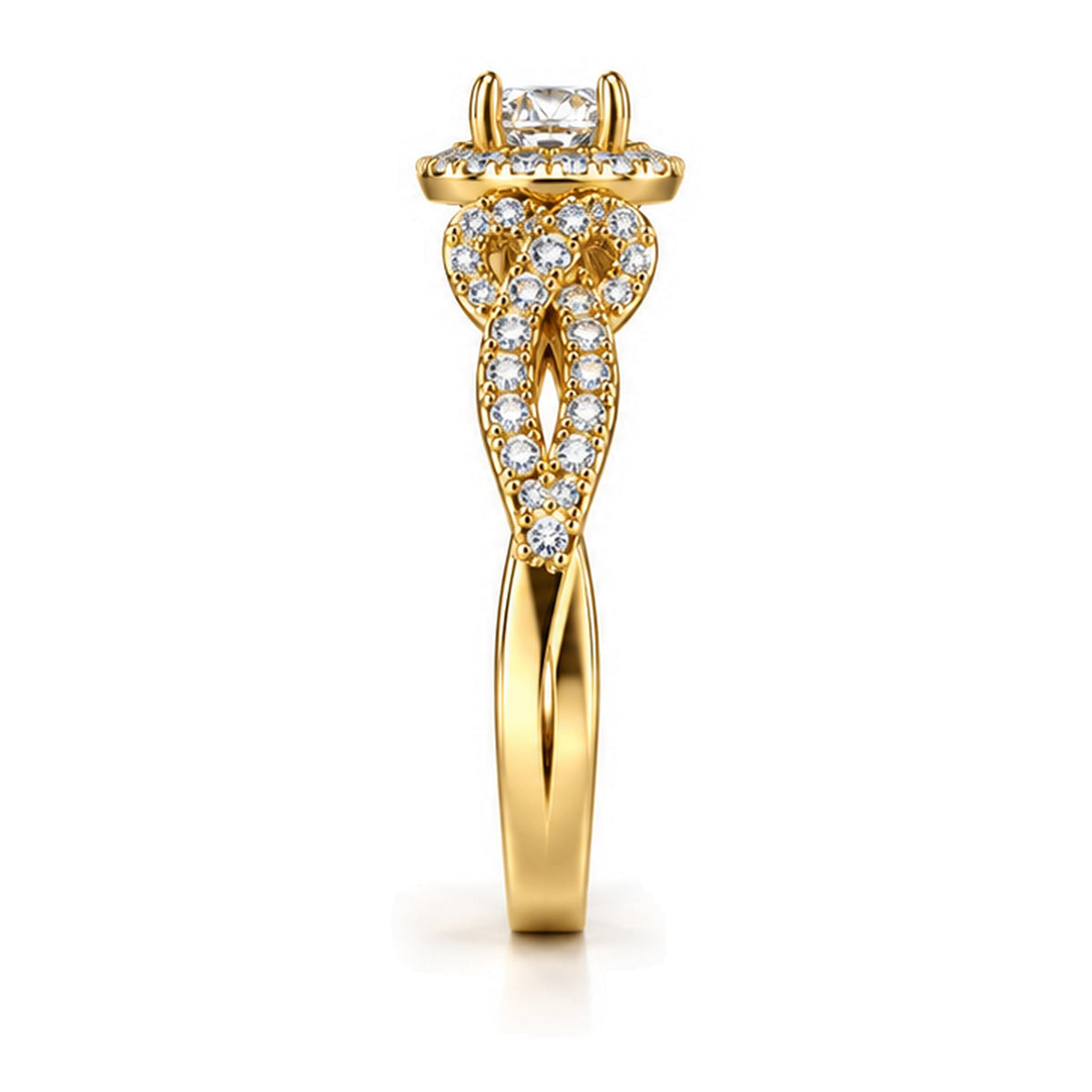 Round moissanite halo twisted shank engagement ring, side view