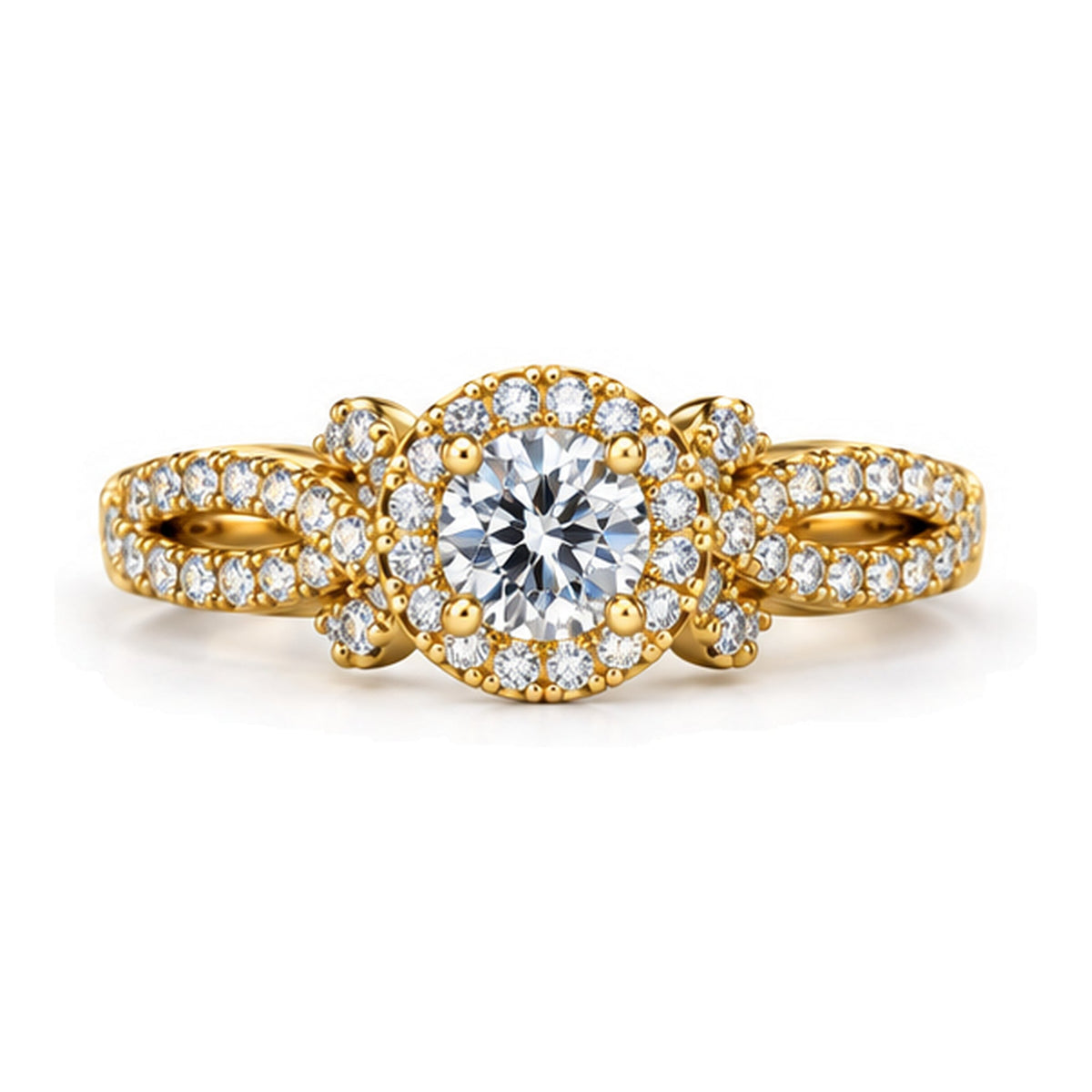 Round moissanite halo twisted shank engagement ring, top view