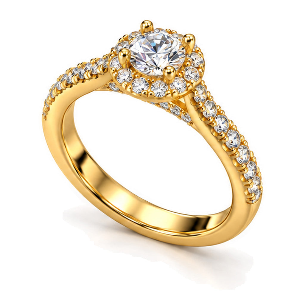 Round moissanite halo pavé engagement ring, angled view