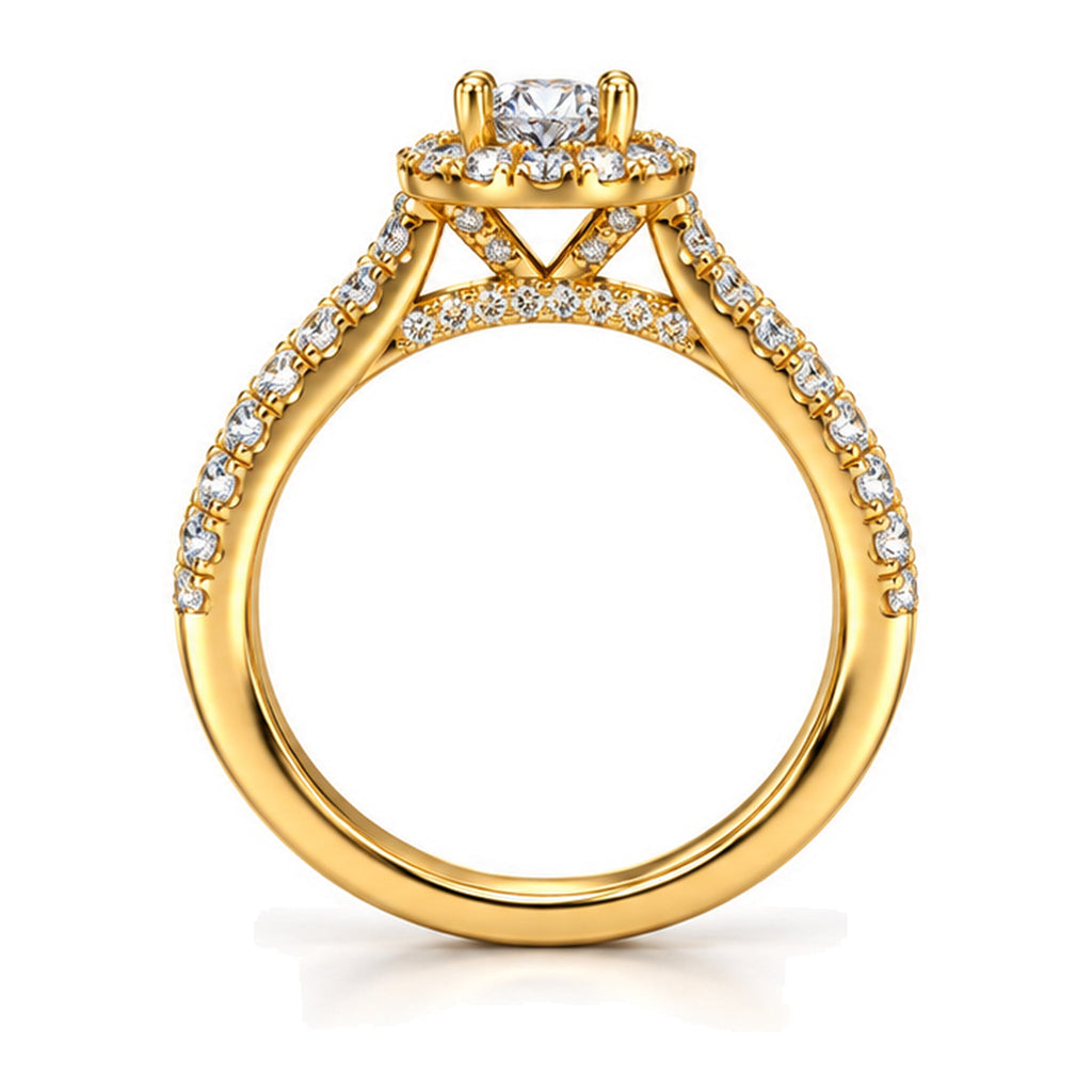 Round moissanite halo pavé engagement ring, front view