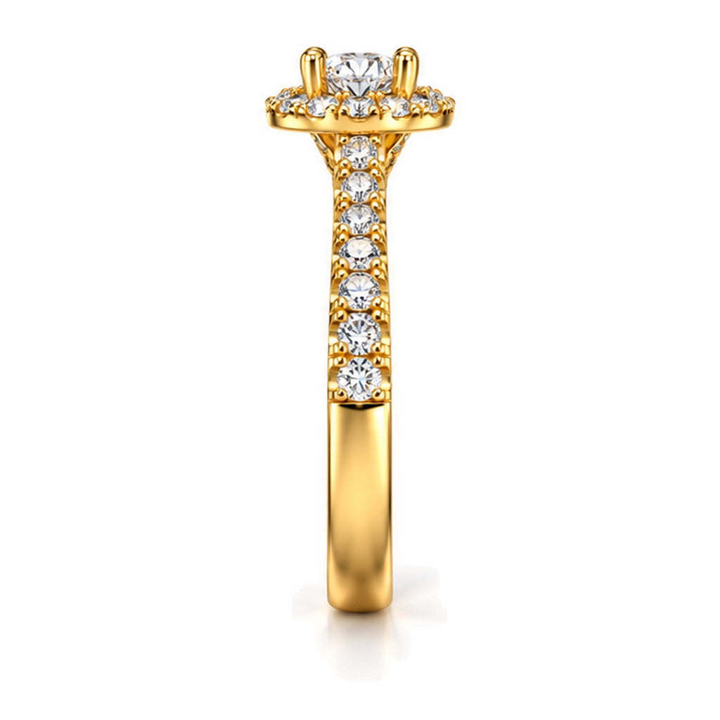 Round moissanite halo pavé engagement ring, side view